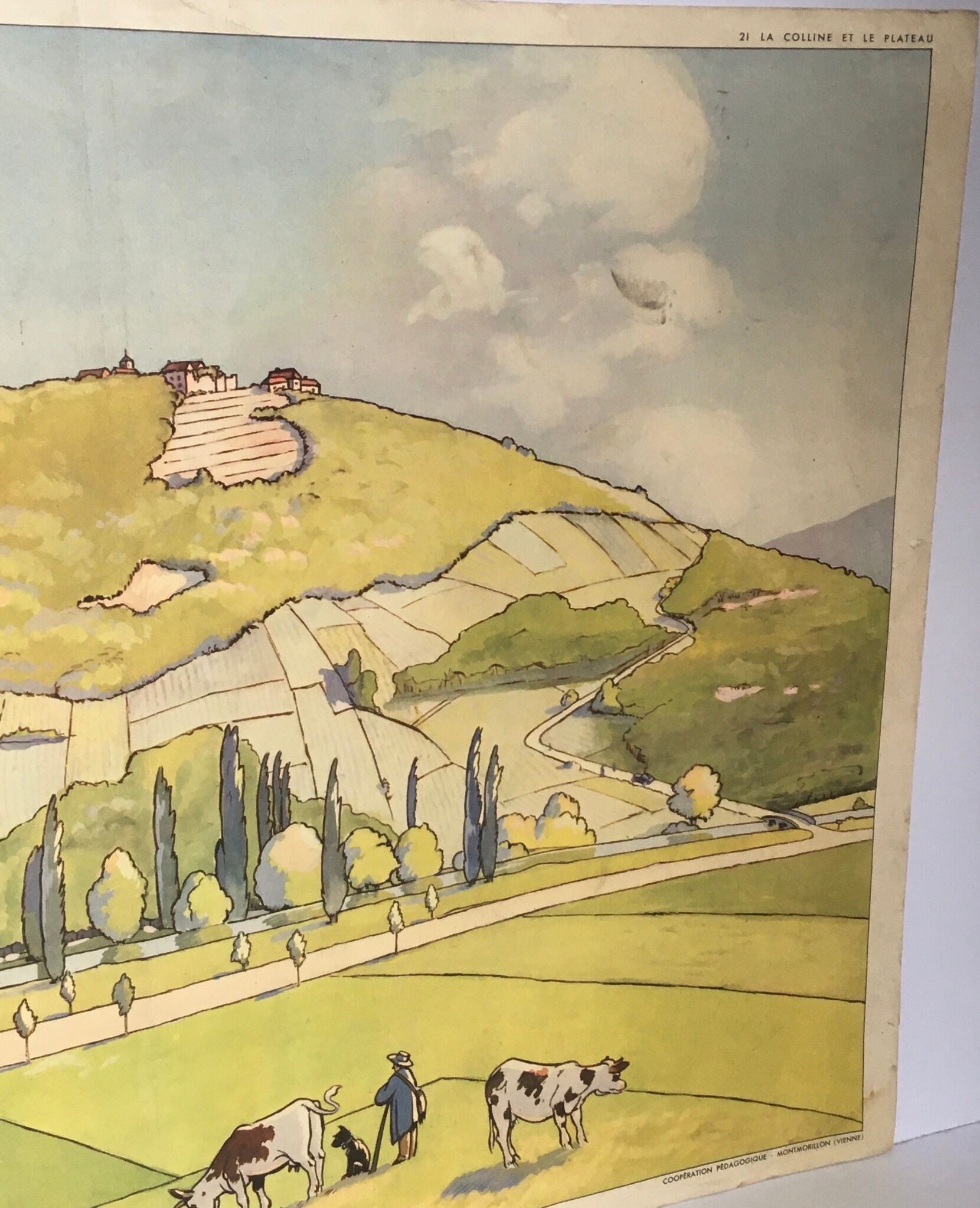 School poster vintage school landscape mountain two-sided signed Raylambert for Rossignol 50s