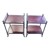 Pair of wrought iron and wood bedside tables