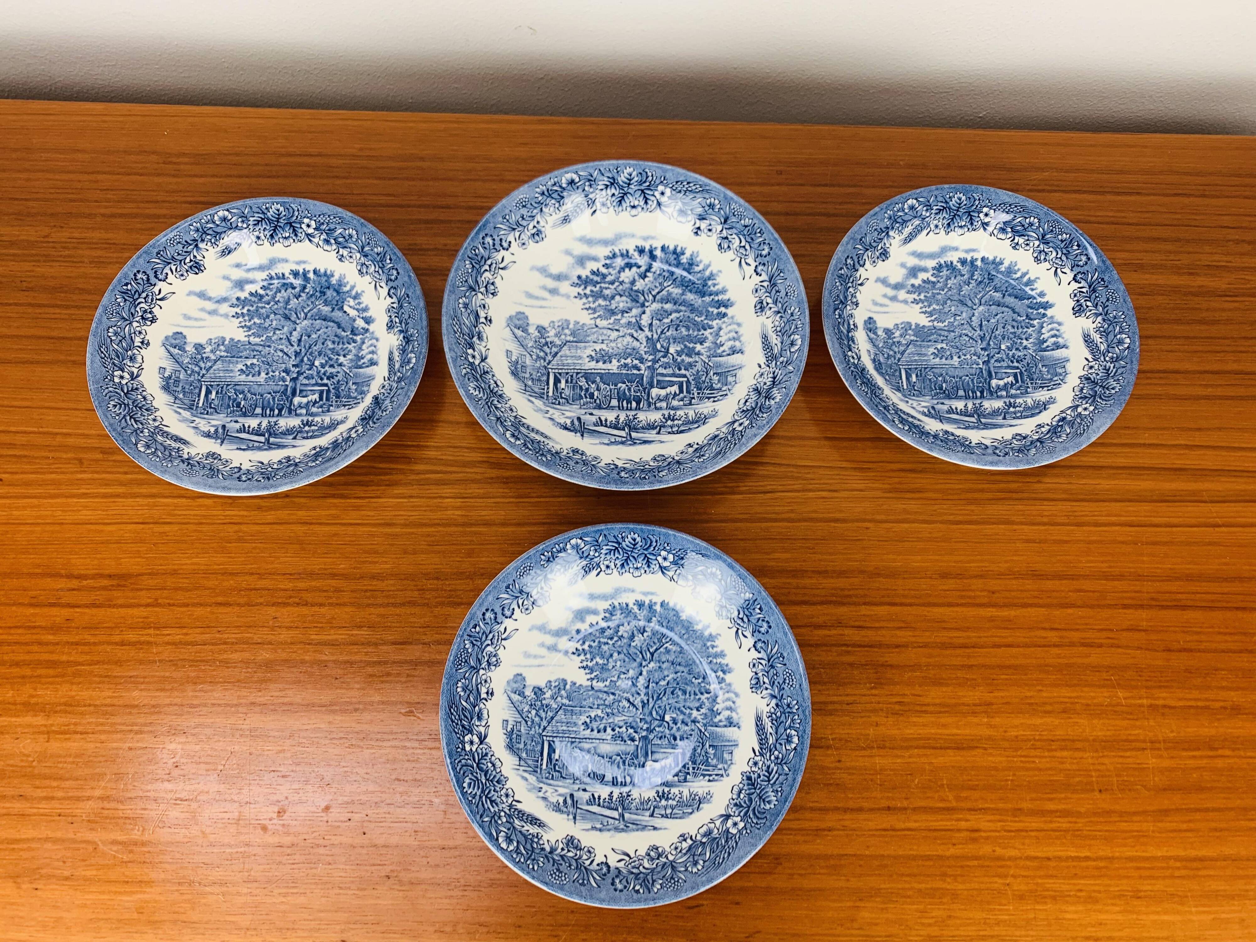 4 Churchill English ironstone soup plates, blue