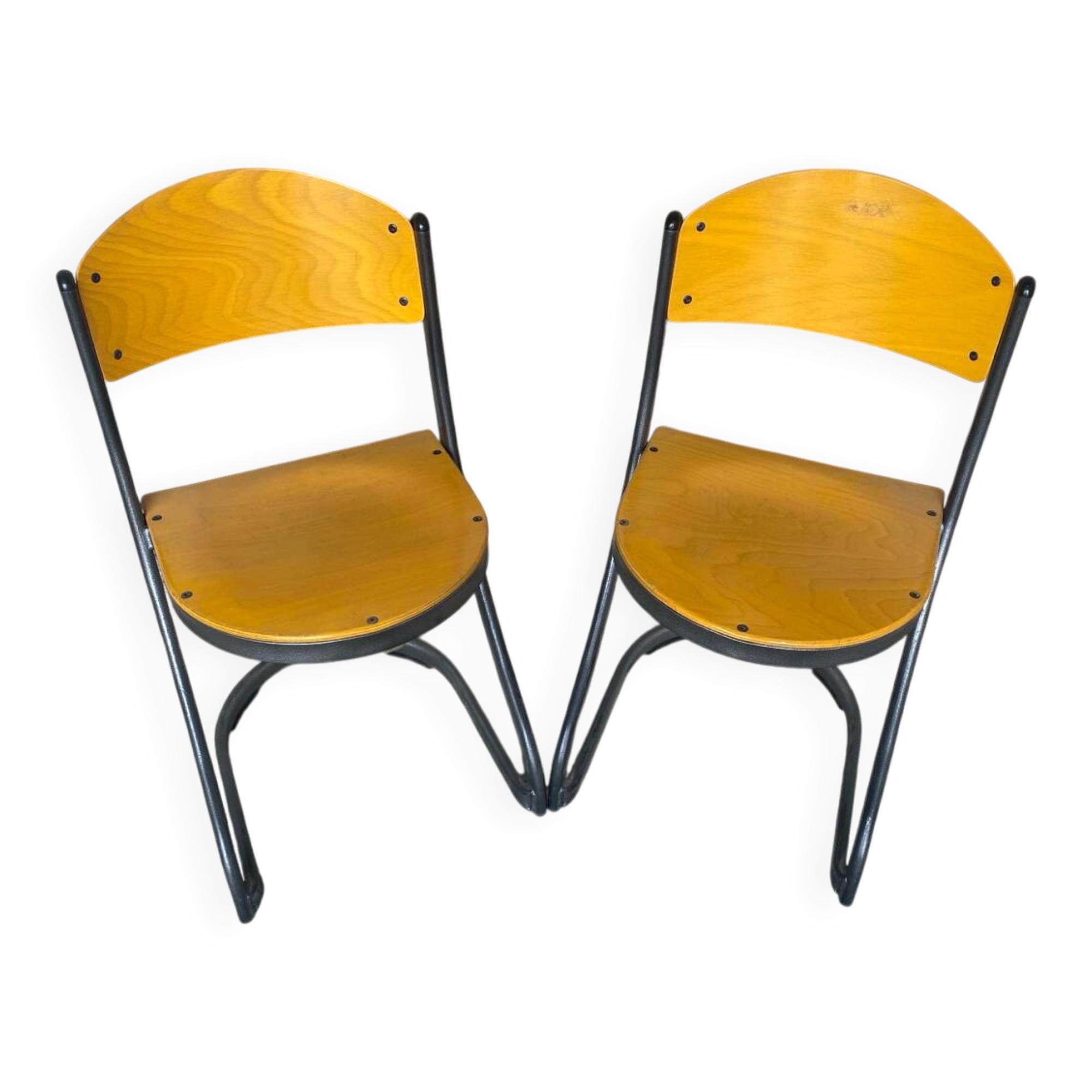 Pair of Chairs SOUVIGNET Model ELODIE Grey Metal & Wood Made in France