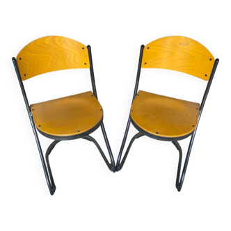 Pair of Chairs SOUVIGNET Model ELODIE Grey Metal & Wood Made in France
