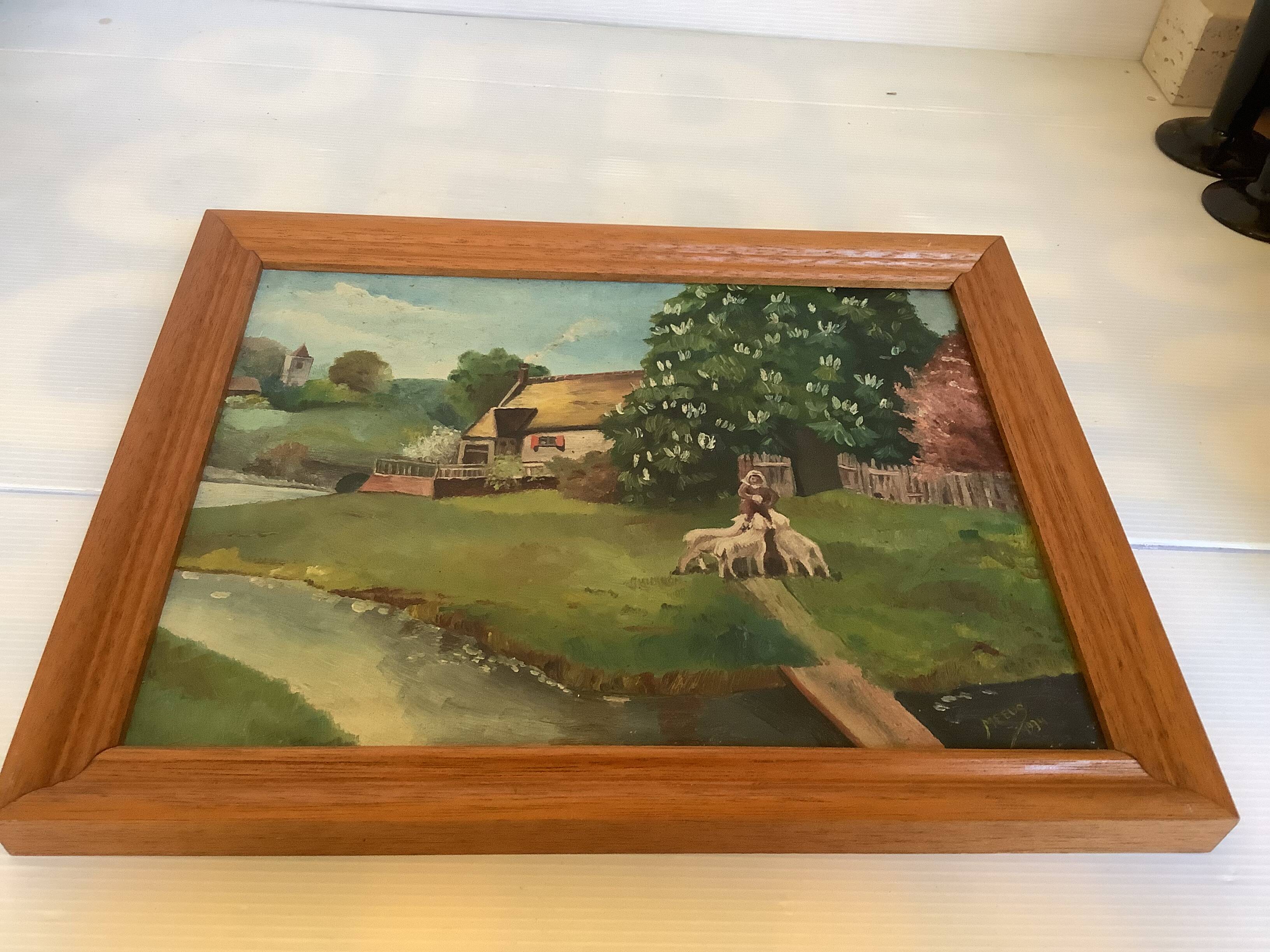 Shepherd's table and its sheep, oil on canvas signed.