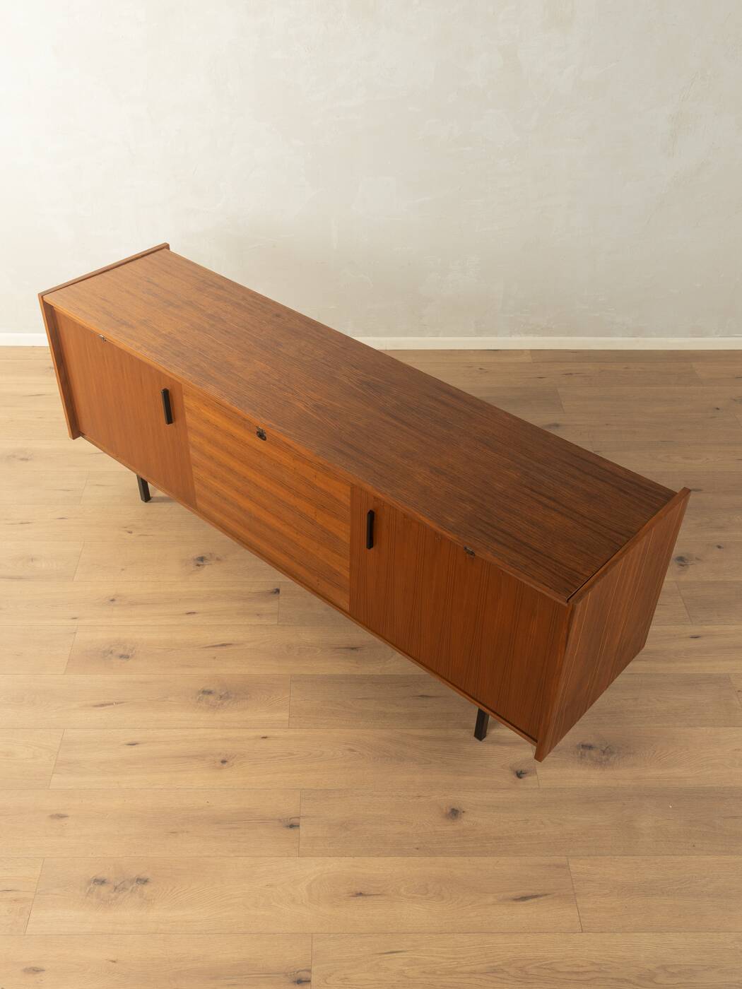 Unique folding bed from the 1960s, walnut veneer, black steel legs