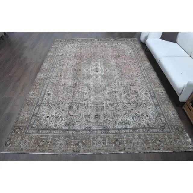 1970s Vintage Persian Handmade Wool Cotton Light Brown Area Rug 261x364