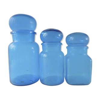 Set of 3 blue glass bottles, 70s