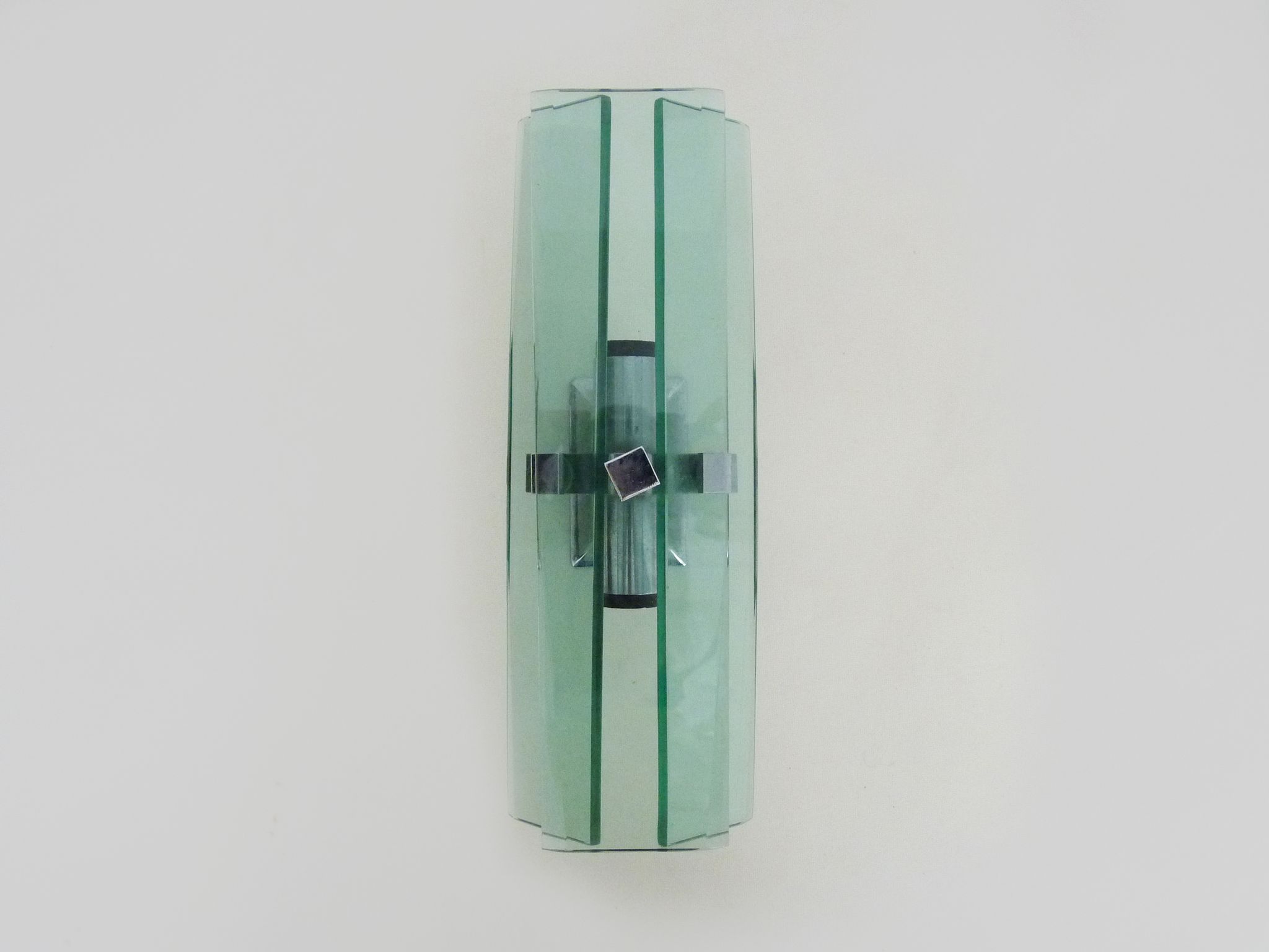 Stainless steel wall lamp and bluish glass, 2 lights, Veca 1960