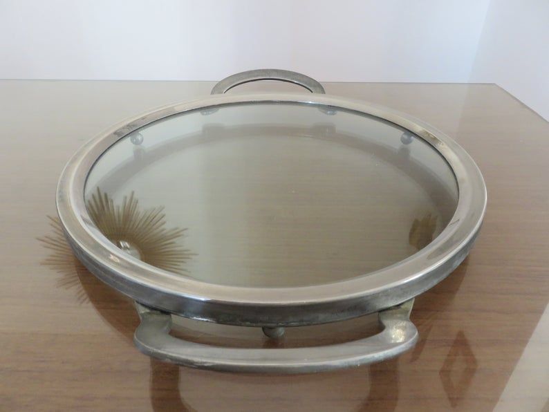 Modernist art deco tray in silver metal and smoked glass 1940s