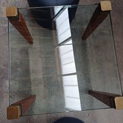 Modernist Design Side Table + 2 Blue Leather Poufs
