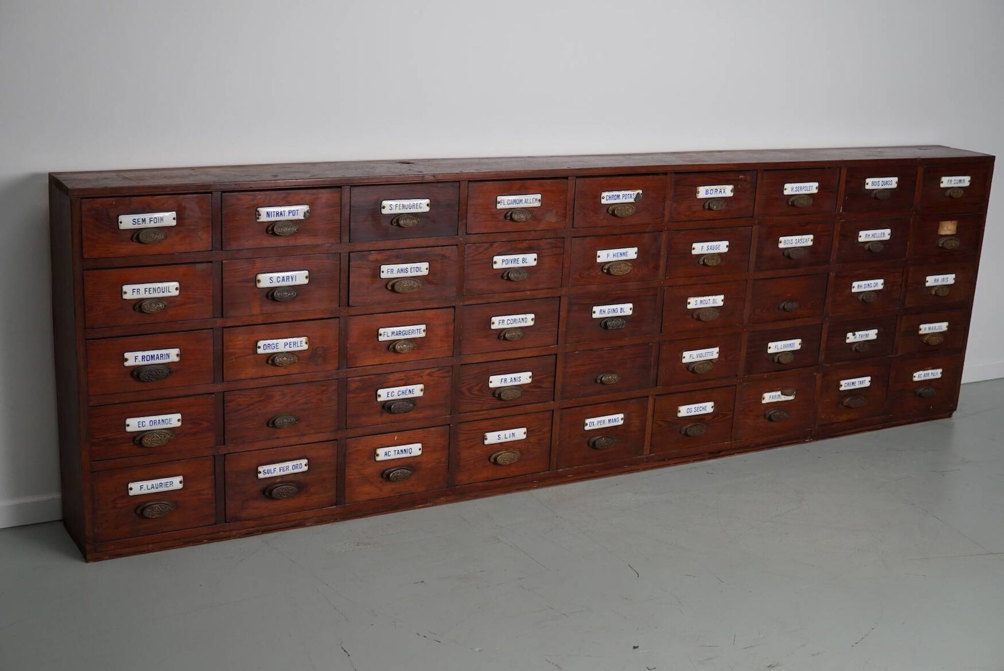 Grand Cabinet d'Apothicaire Antique en Pitch Pine, Belgique, avec Boucliers en Émail, 1900s