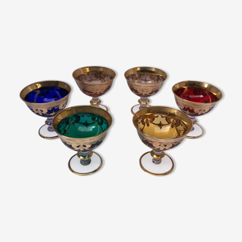 Series of 6 murano colored glass cups and gilded agate 1960s