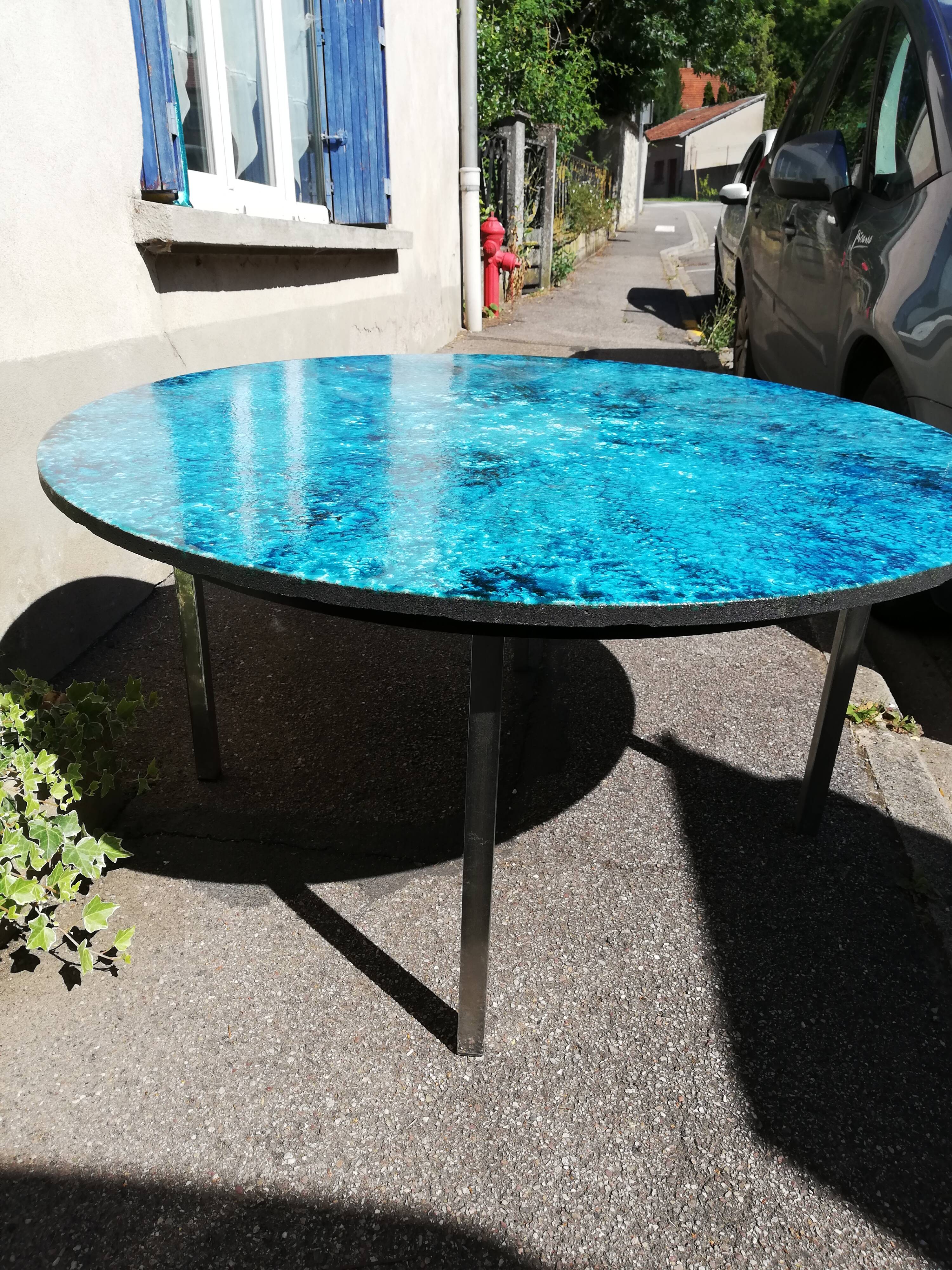 Blue enamelled lava stone coffee table