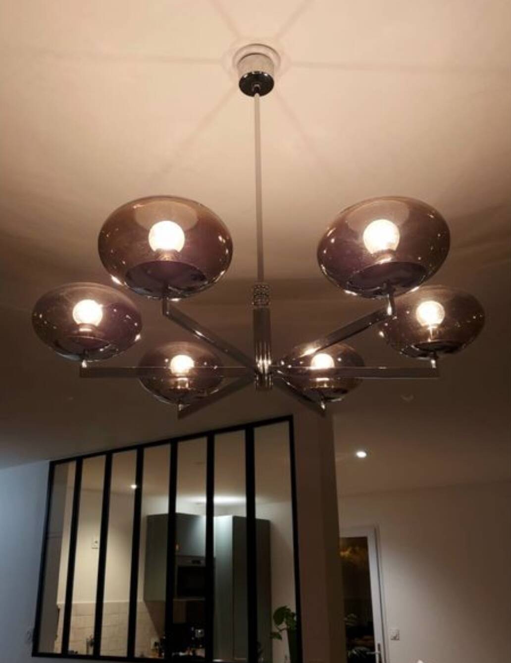 6-light chandelier  Sciolari, chrome and smoked glass