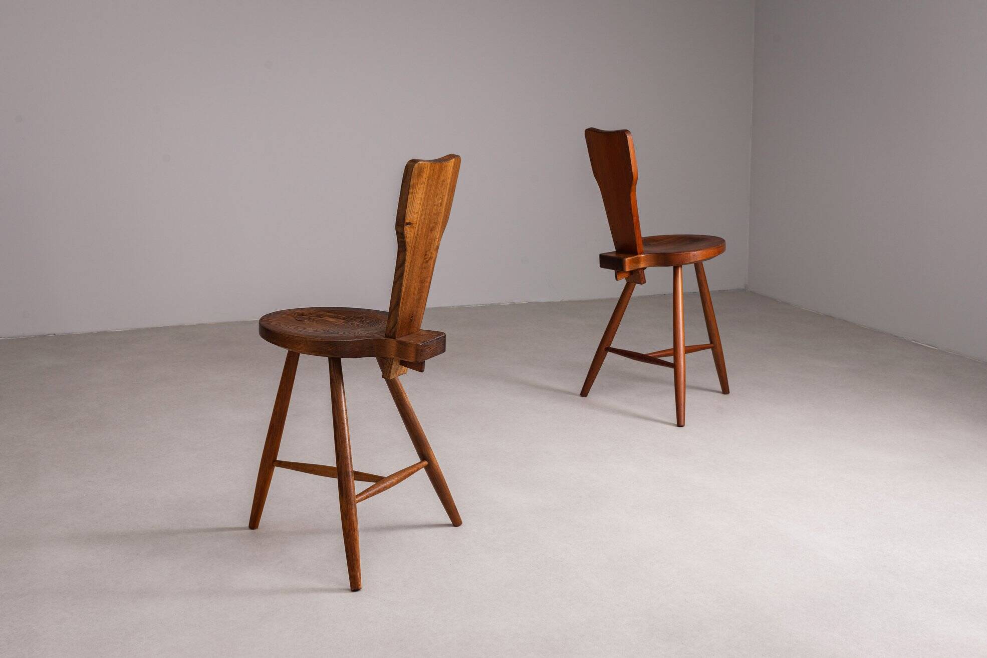 Pair of sculptural rustic wooden chairs in pine France 1960