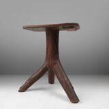 Rustic mid-century wooden stool with legs made of a tree branch, France, 1850