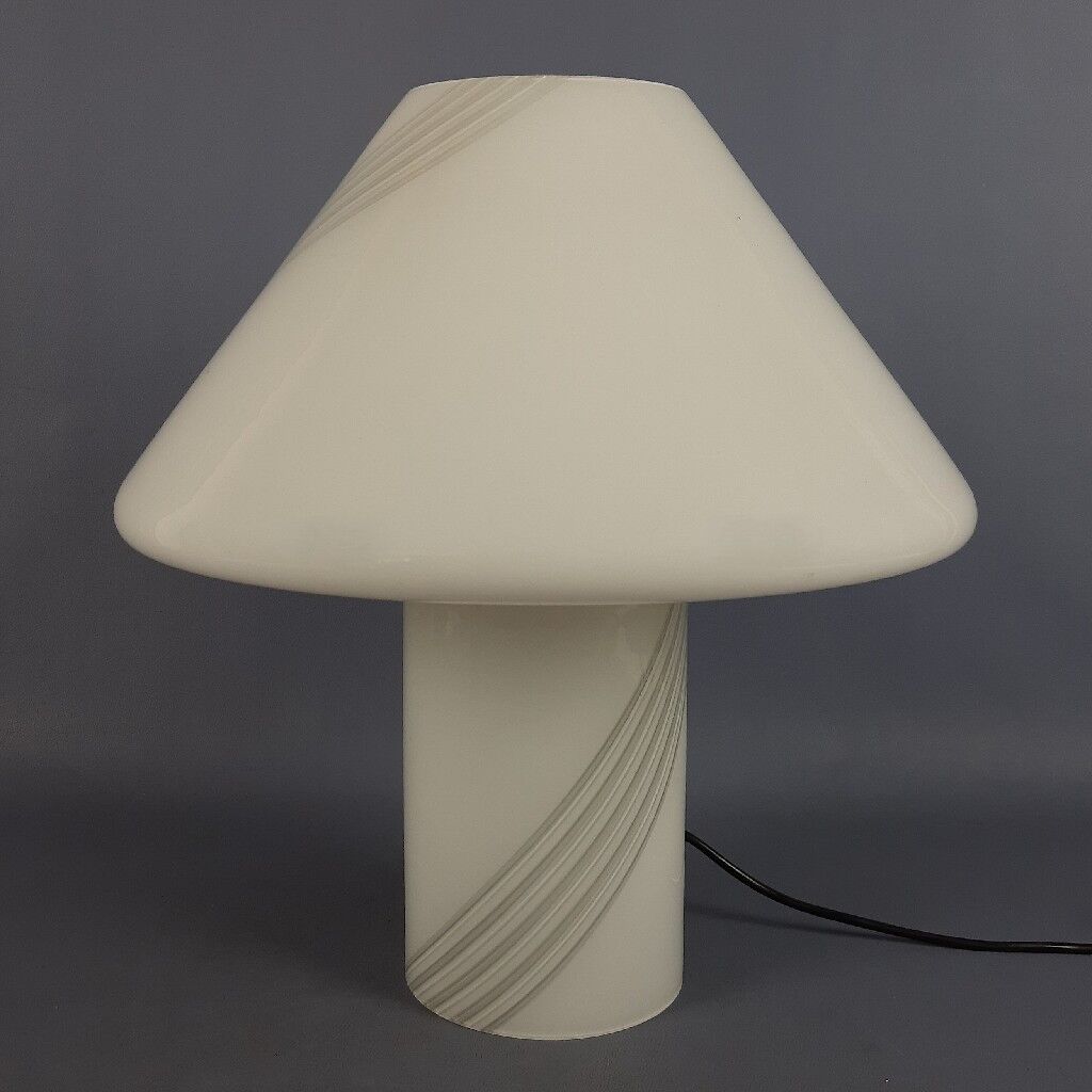 Opal Murano glass mushroom lamp with spiral stripes, 1970s modernist design.