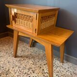 1950s wooden and rattan bedside table