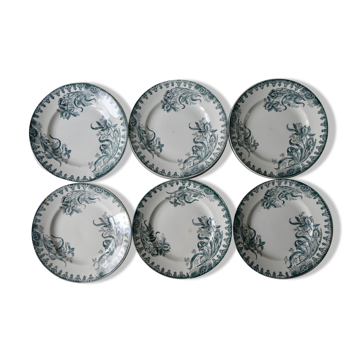 Lot of 6 flat plates Saint Amand Amand in Amandinoise, décor Iris, 1900