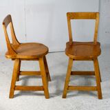 Pair of brutalist wooden back stools. France, circa 1960