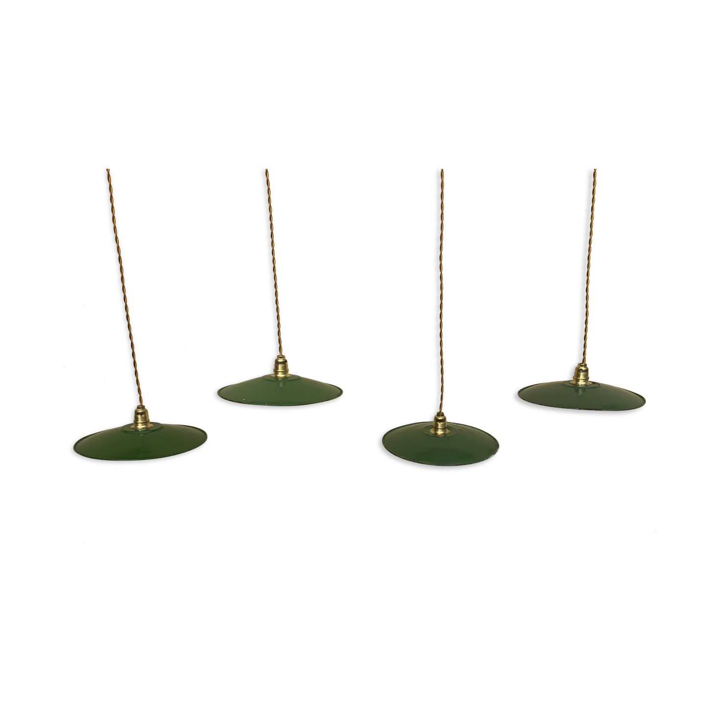 Vintage industrial enameled sheet metal pendant lights with golden wires, old green and white lampshade
