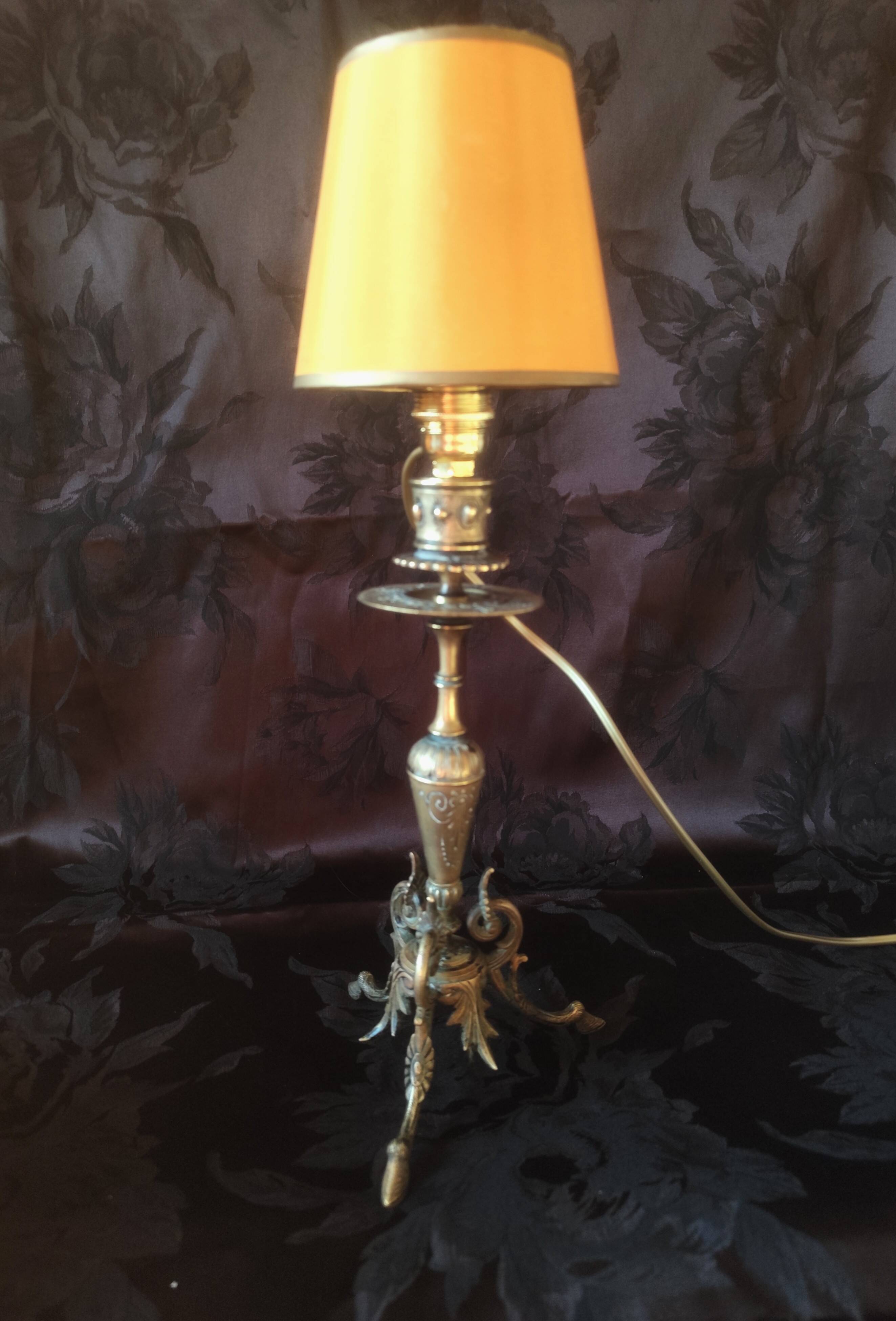 Electrified candlestick lamp, bronze tripod table lamp with goat's feet