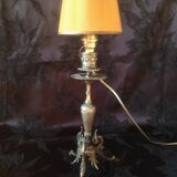 Electrified candlestick lamp, bronze tripod table lamp with goat's feet