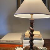 Turned wooden lamp, fabric cable, cotton lampshade.