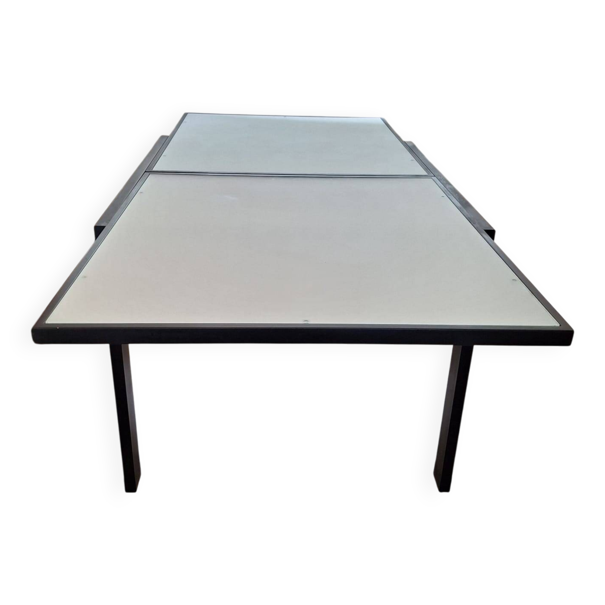 Italian metal table with frosted glass top, extendable.