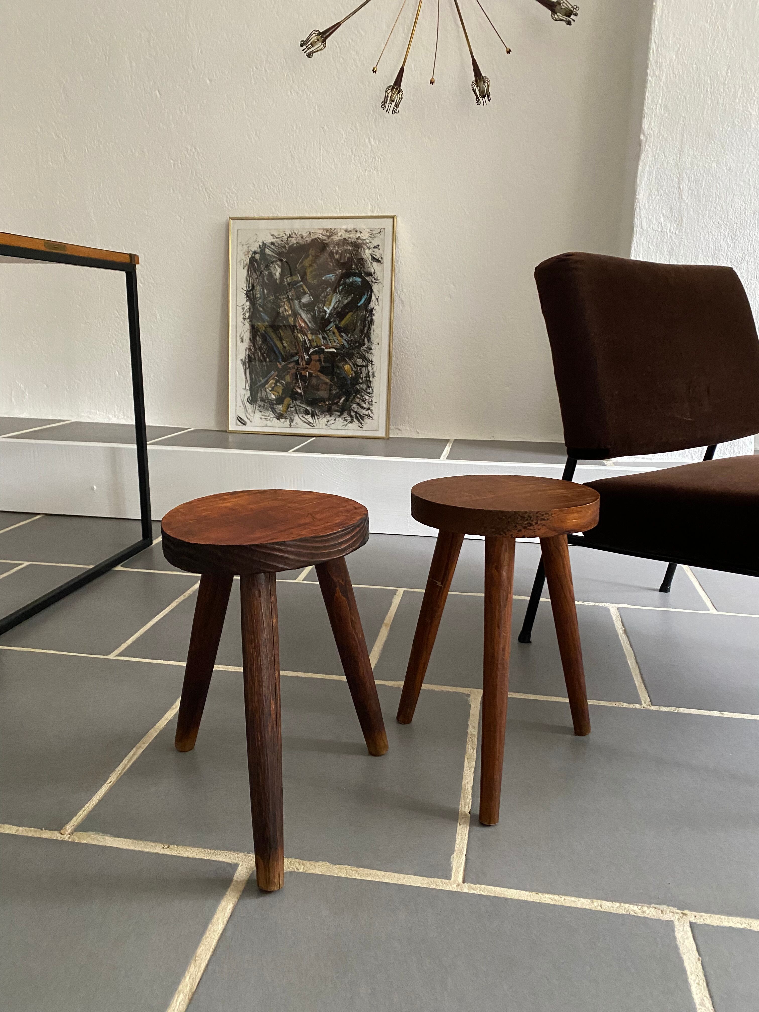 Pair vintage tripod wood stools