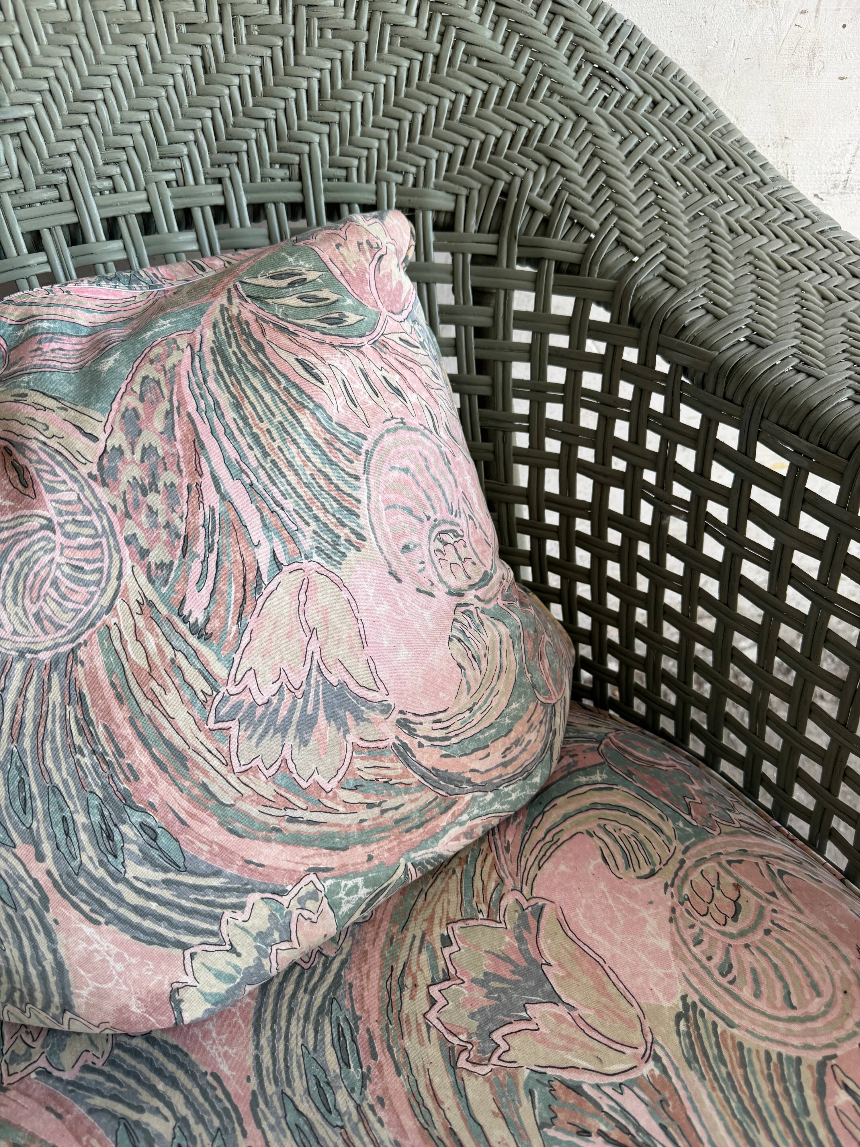 Mint Green Wicker Lounge Chair with Pastel Cotton Cushions — 1980s Coastal Revival