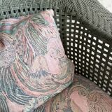 Mint Green Wicker Lounge Chair with Pastel Cotton Cushions — 1980s Coastal Revival