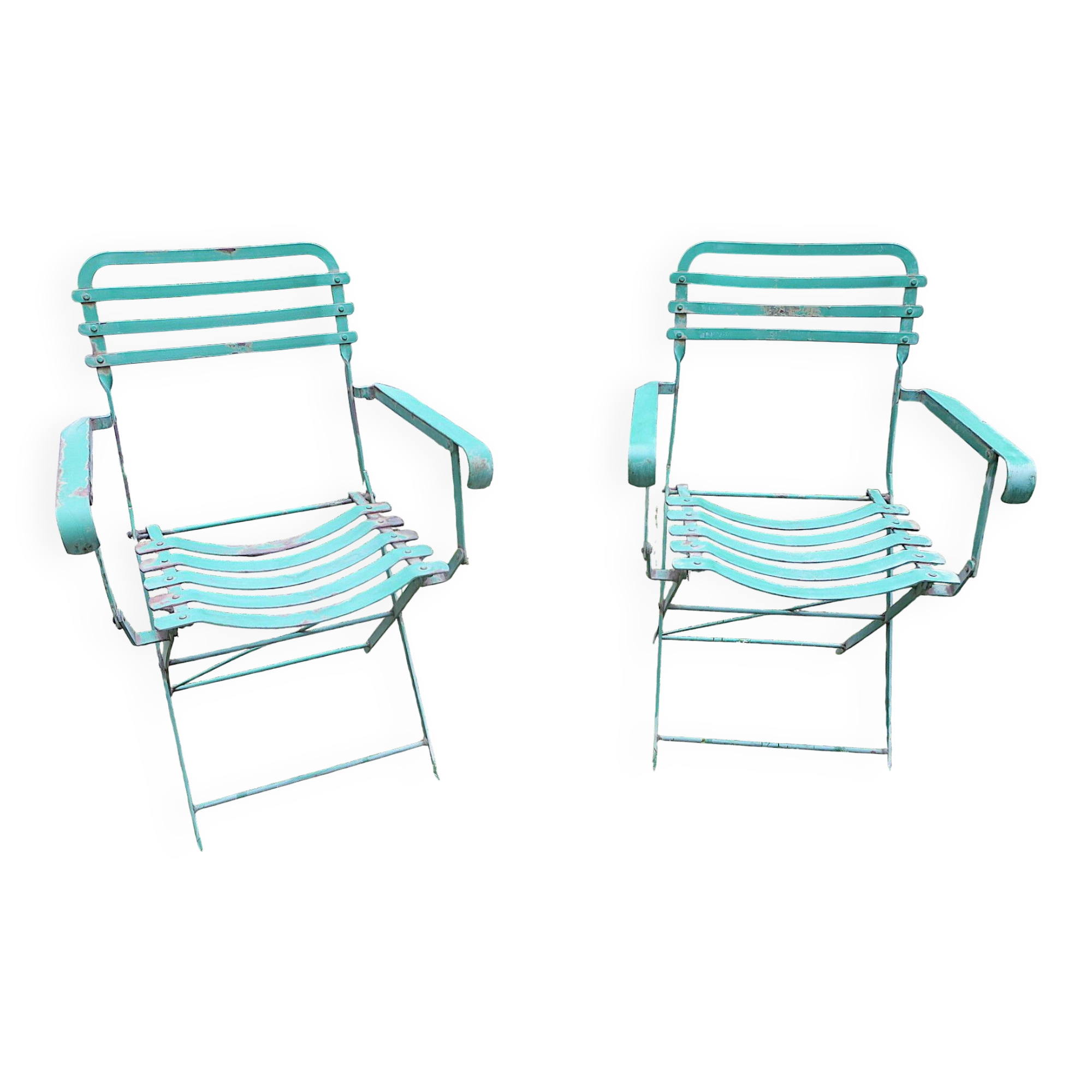 Pair of mid century distressed painted iron garden chairs