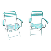 Pair of mid century distressed painted iron garden chairs