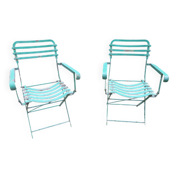 Pair of mid century distressed painted iron garden chairs