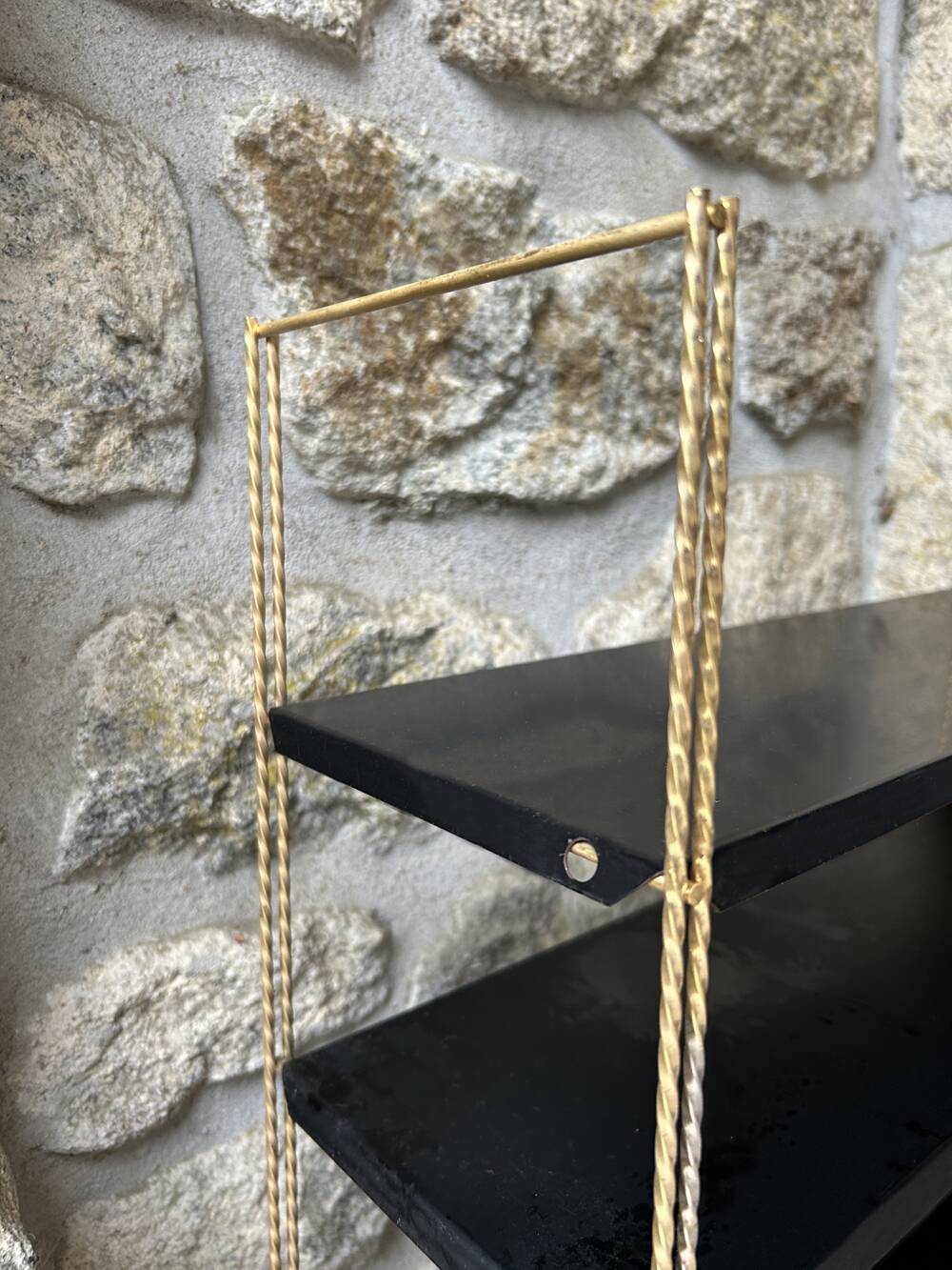 Double gold metal string shelves and black trays, vintage, 60s