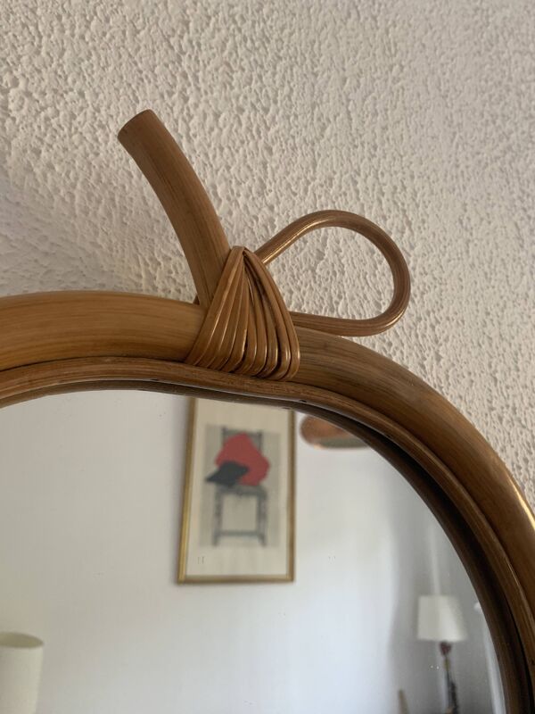 Miroir vintage 1960 pomme rotin osier bambou - 32 x 35 cm