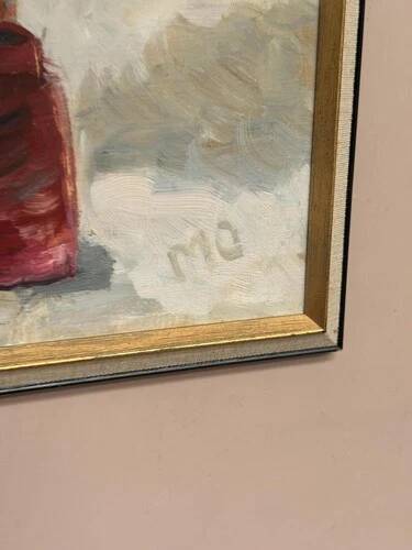 Mid-Century Oil on panel – "Still Life" by M.O. Vintage & Framed 44 × 26 cm