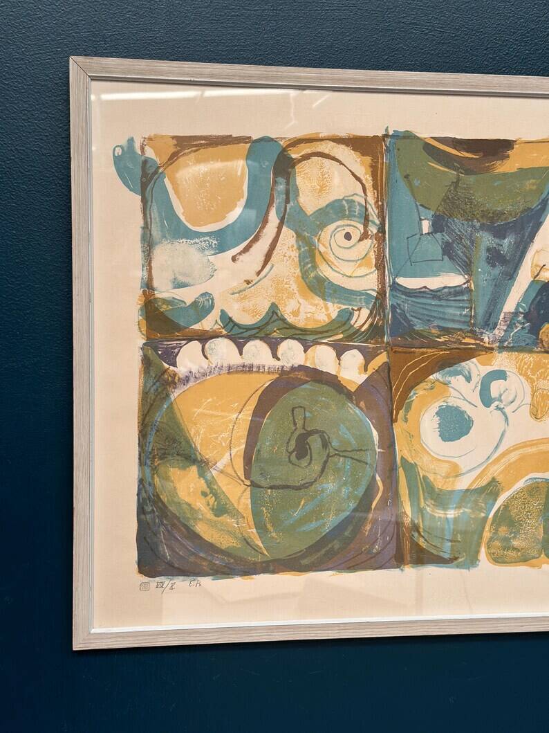 Large Original Swedish Graphic Sheet – "Composition" by Thormod Larsen – 1971 – Vintage and Framed – 79 × 59 cm (31.1" × 23.2")