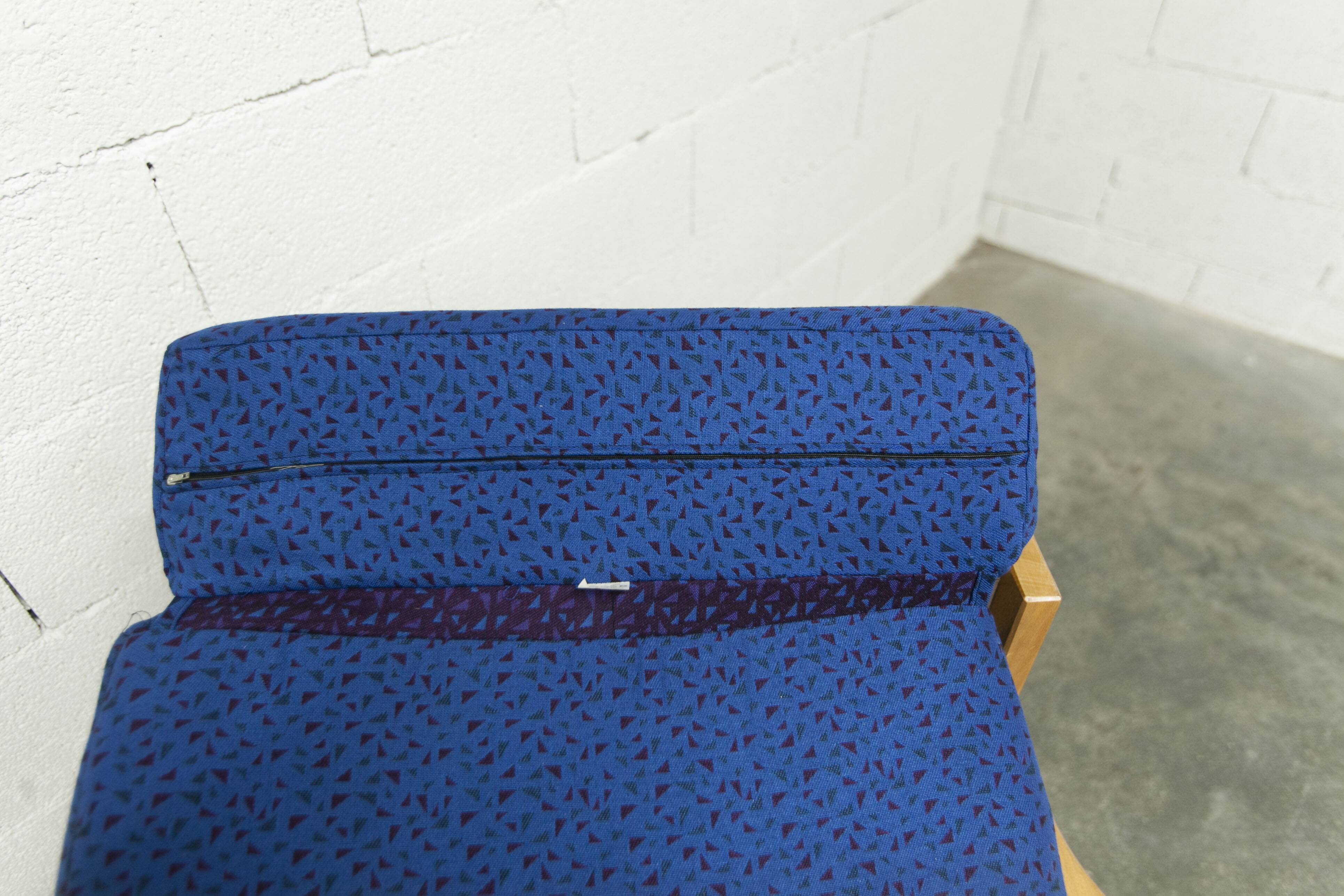 Comfortable 1980s blue and honey beech armchair