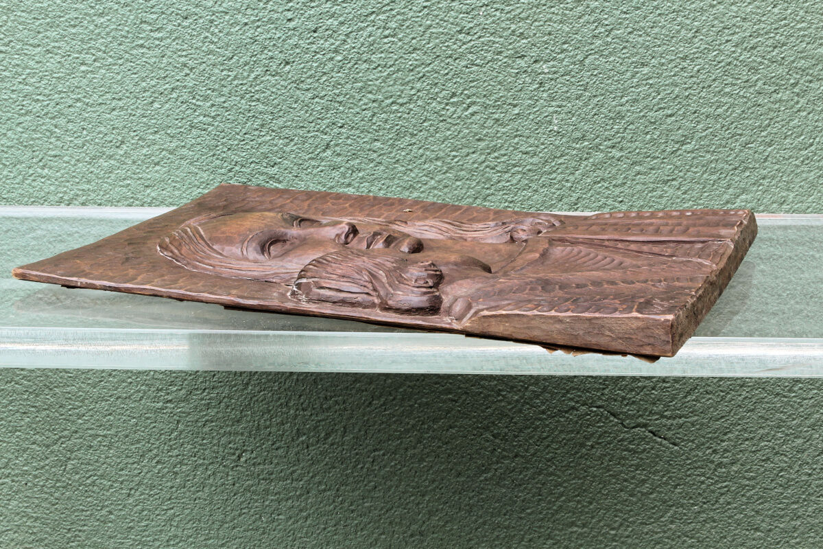 Modernist bas-relief, Virgin and Child, carved wood, signed