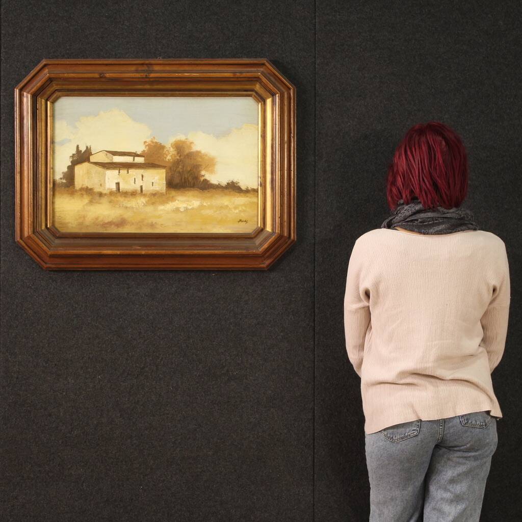 Signed painting landscape with a small house from the 20th century