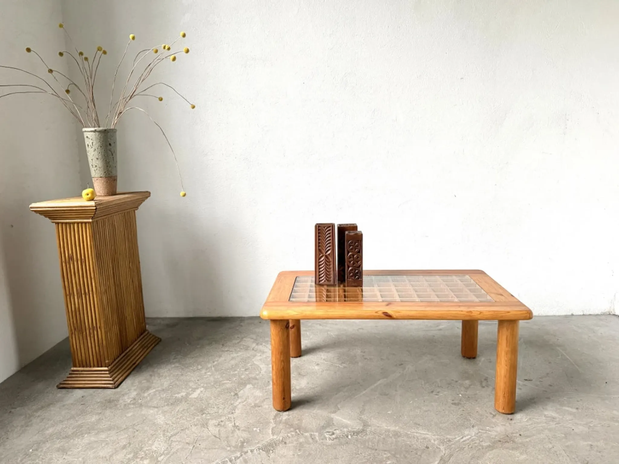 Scandinavian coffee table in solid pine and glass, 1970s