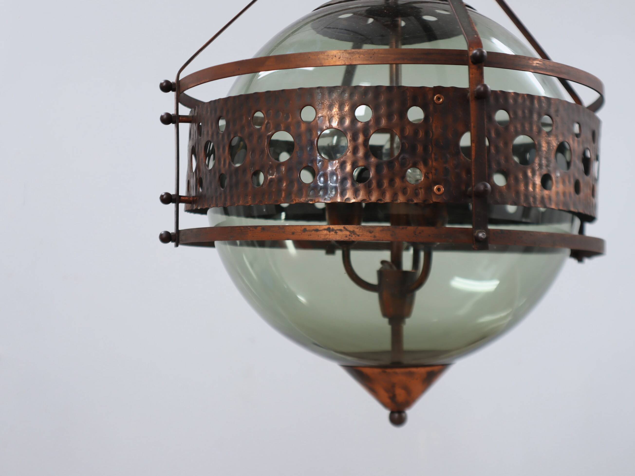 Pair of 1970s Brutalist Copper and Blown Glass Green Bottle Pendant Lamps