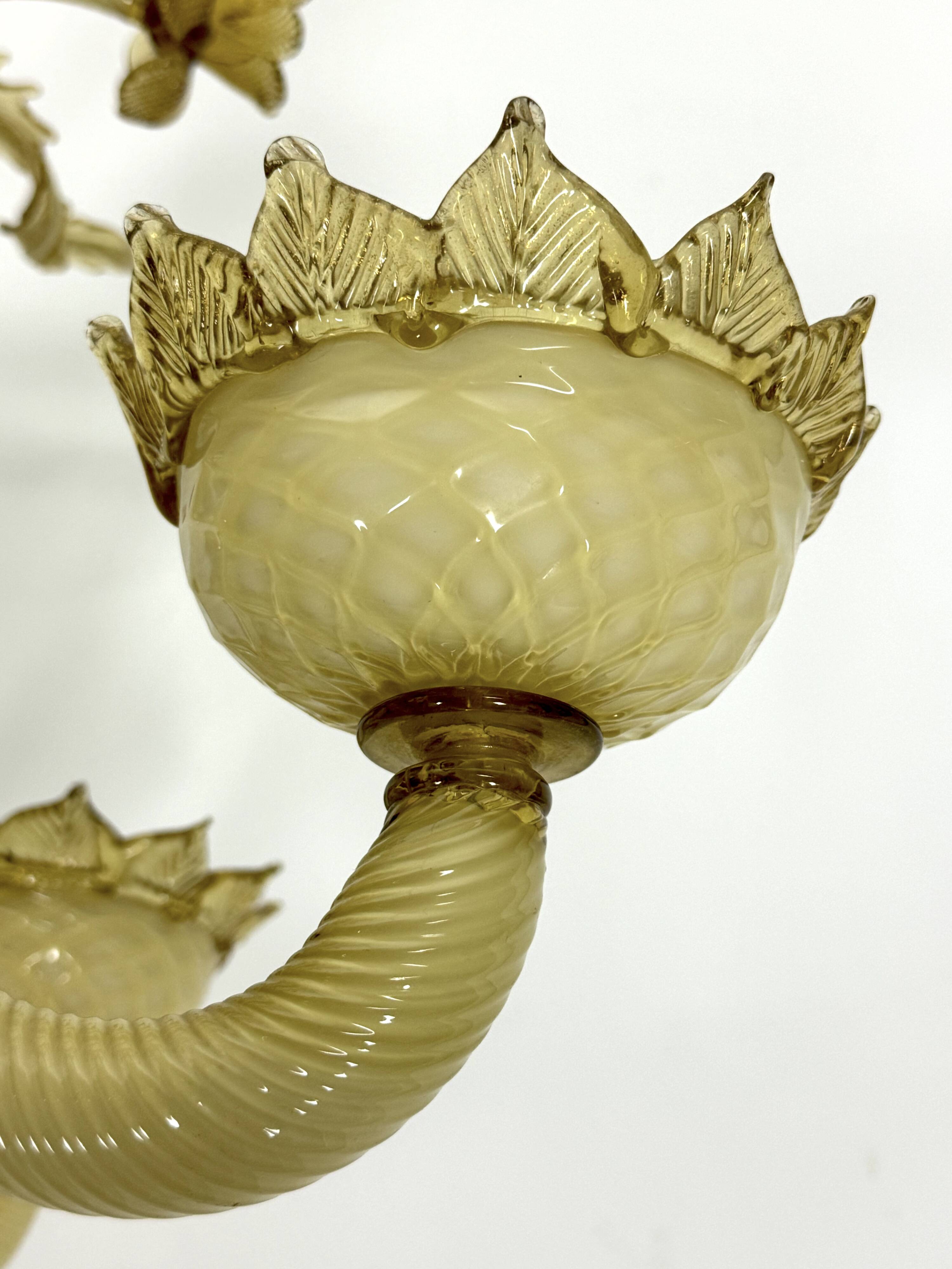 Vintage 6 arms handcrafted floral Murano glass chandelier with gold. Italy 1950s