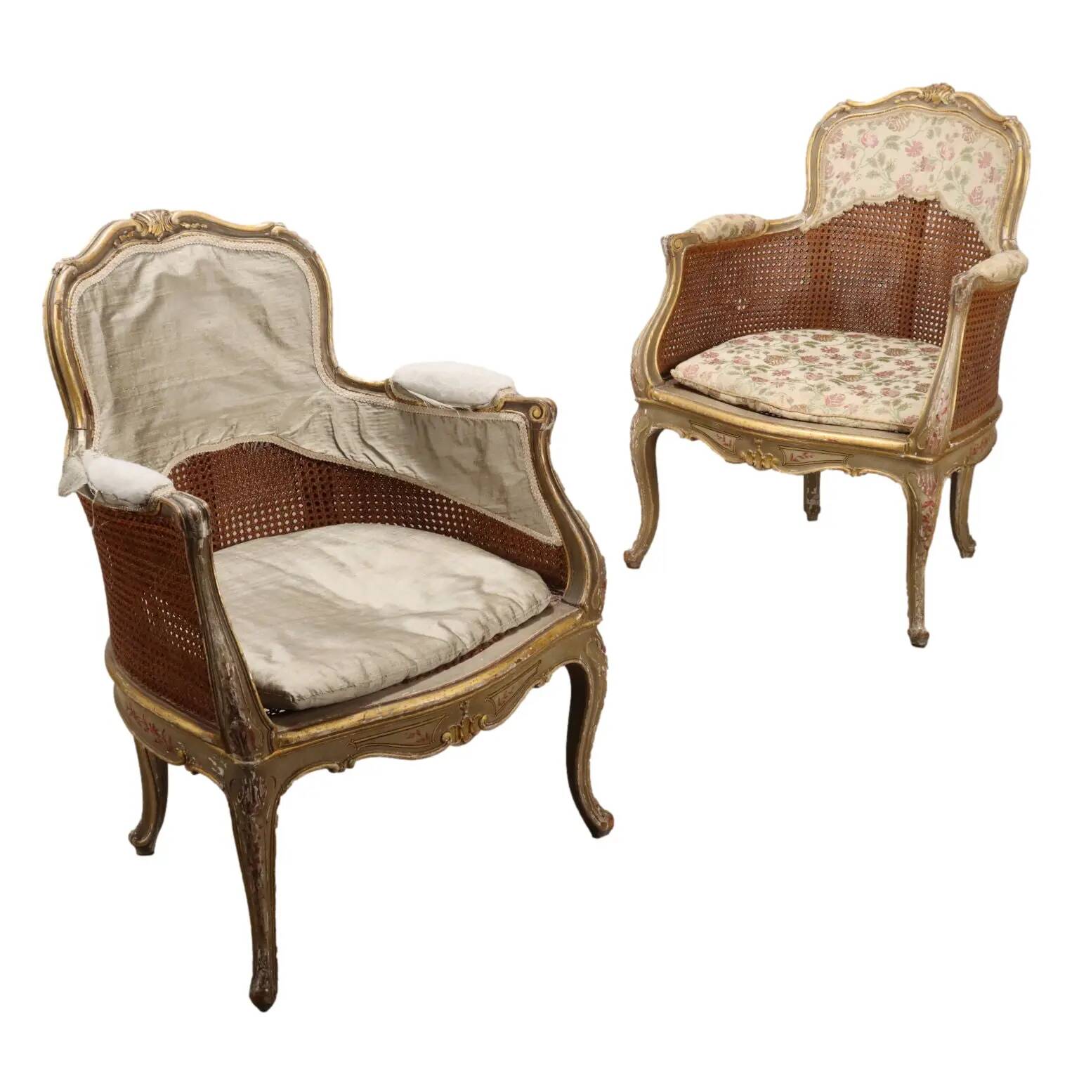 Pair of antique Rococo-style armchairs in painted wood, 20th century.