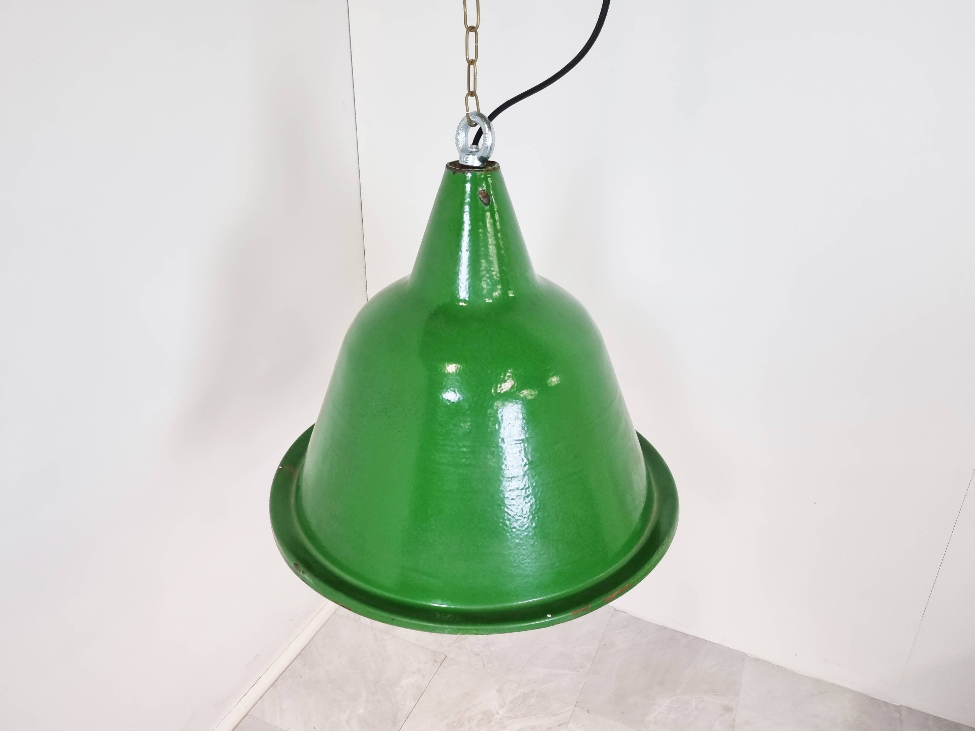 Large vintage industrial green enamel pendant lights, 1960s