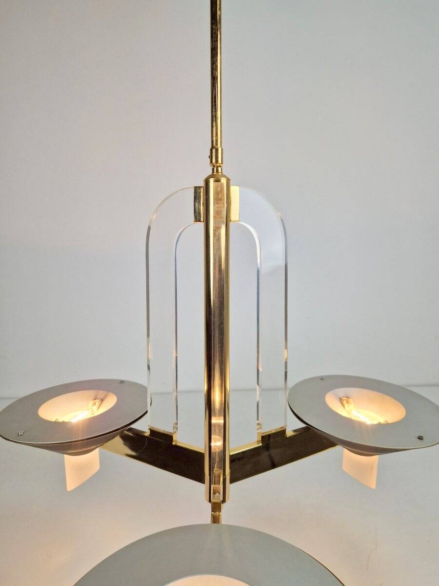 Vintage French Brass Acrylic Chandelier, 1970s