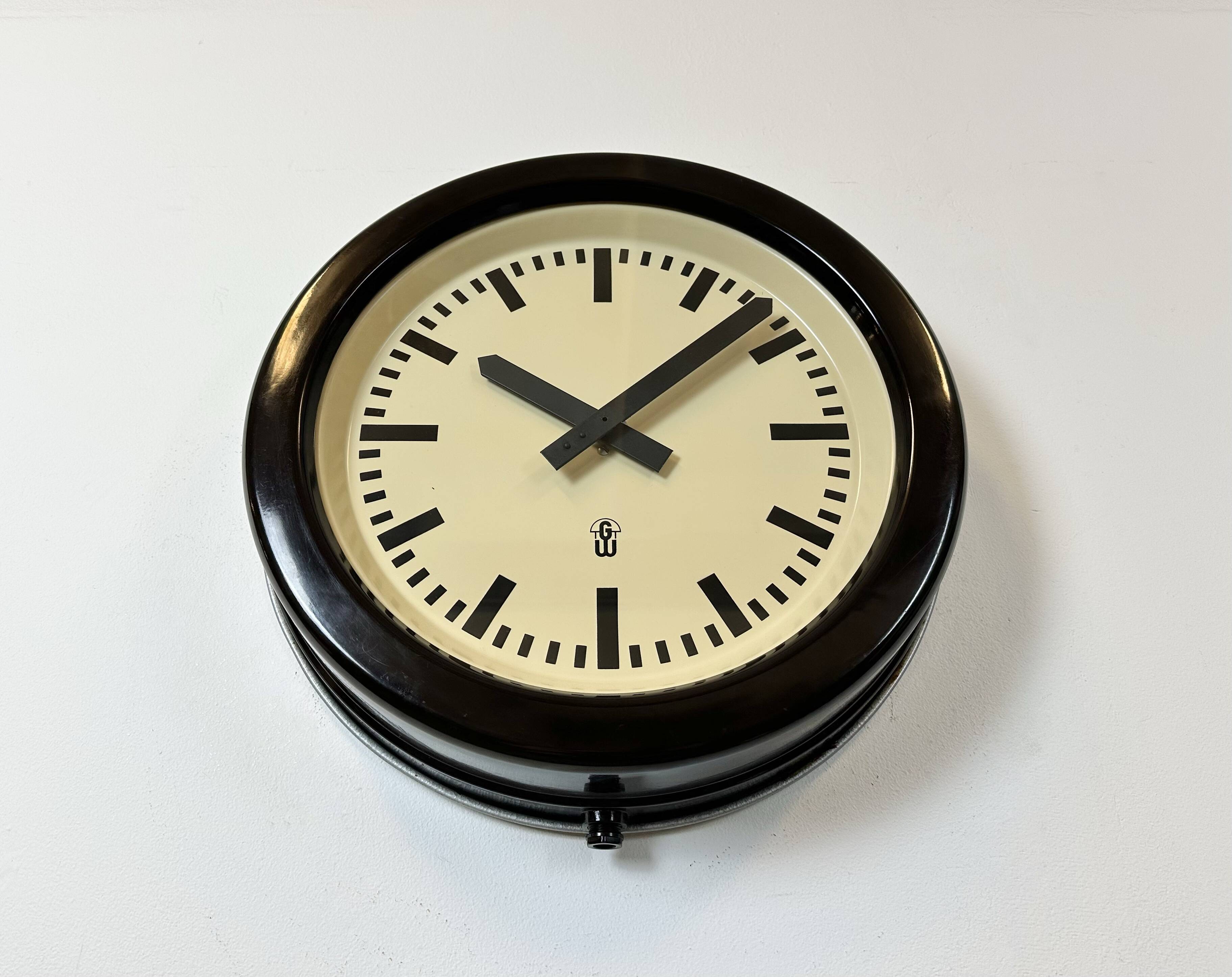 Large Industrial Brown Bakelite East German Wall Clock from GW, 1960s