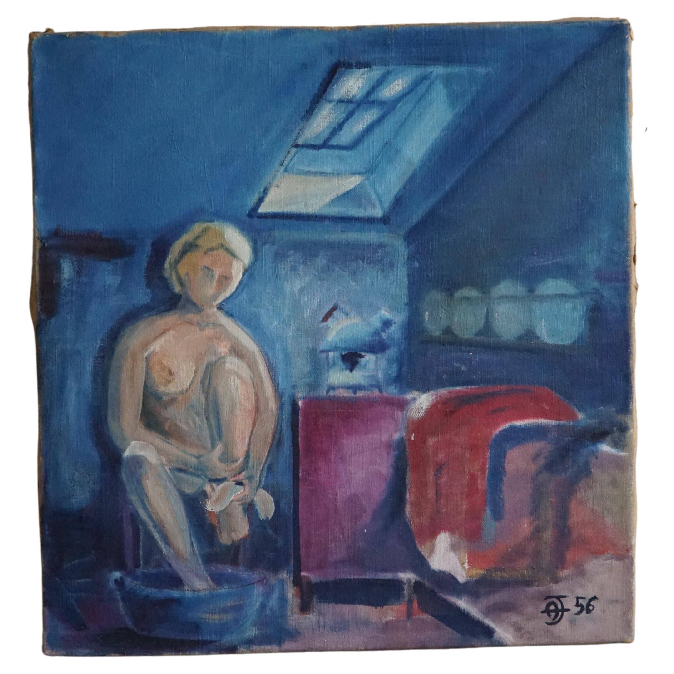 Large oil painting on canvas, unknown artist, 1956, mid-century Danish.