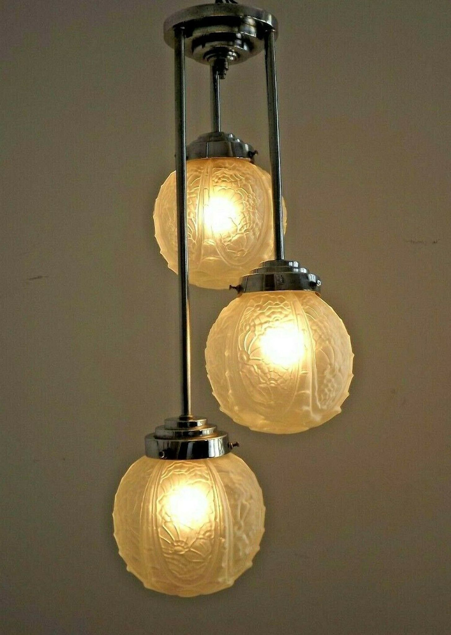 french art deco light in chrome with 3 floral opaque glass shades