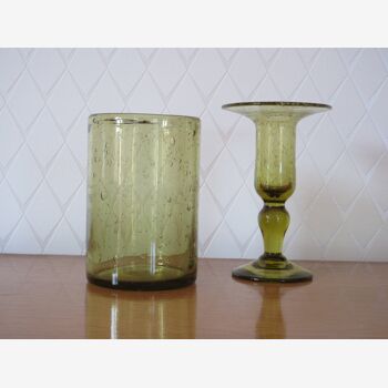 Vase et bougeoir en verre bullé vert